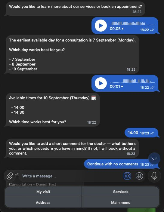 A Telegram voice request continues into guided date and time selection.