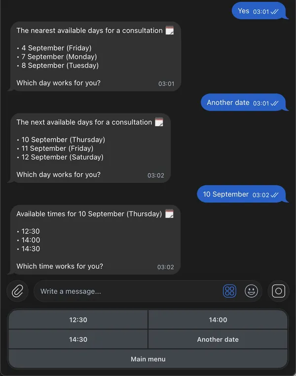 Telegram presents live date and time buttons during a guided appointment booking.