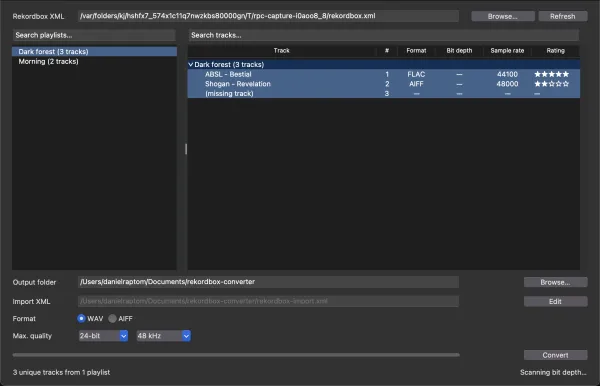 Simple Rekordbox Converter main window with a Rekordbox XML loaded, a playlist selected, and WAV output settings