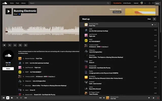 SoundCloud with SoundCloud UI Toolkit enlarged layout and queue enabled