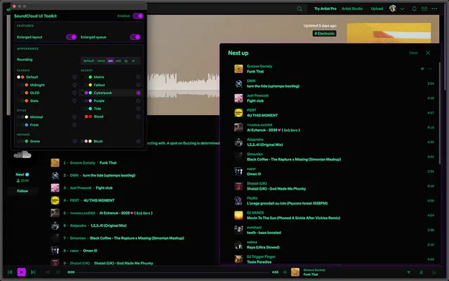 SoundCloud UI Toolkit toolbar control center with appearance and layout controls